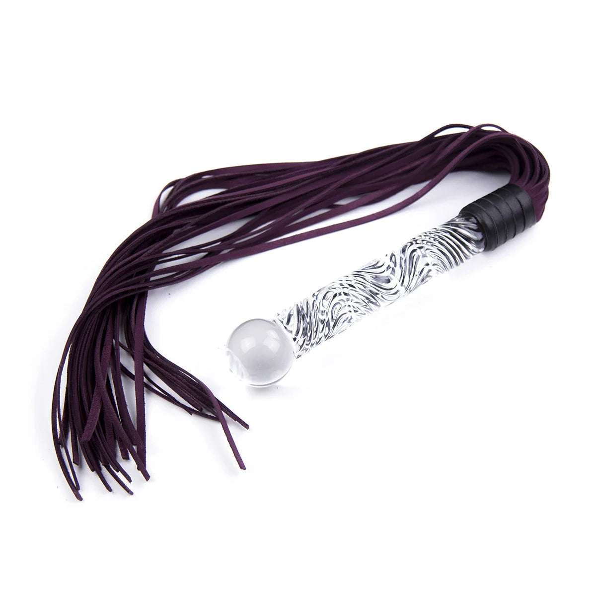 Purple leather flogger with glass handle full view