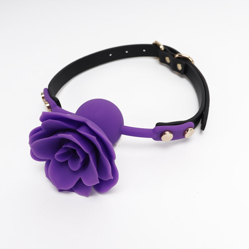 Purple rose breathable ball gag full front view