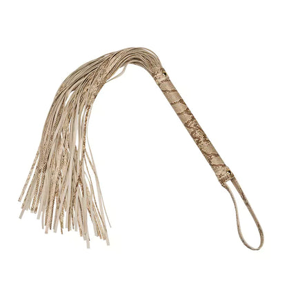 full view of python pattern large BDSM flogger with extra-long embossed falls