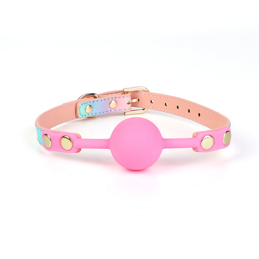 Playful iridescent silicone BDSM ball gag full front view