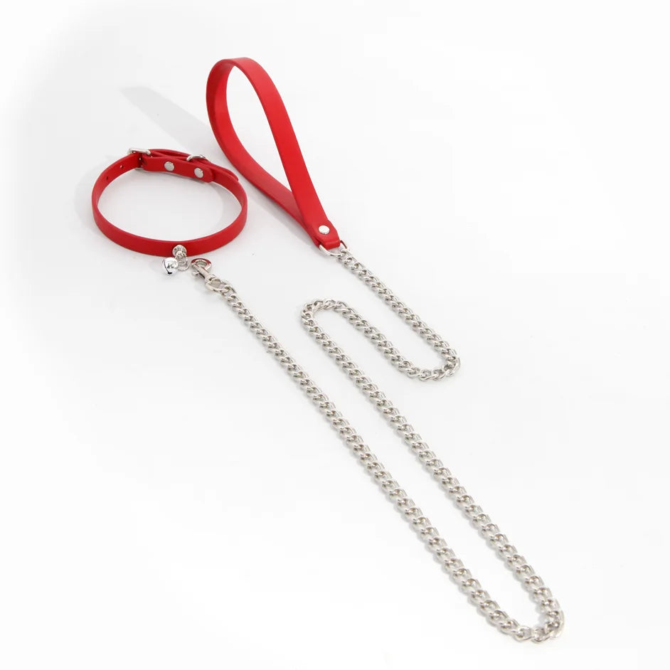 Red minimalist bell leather collar with chain full view