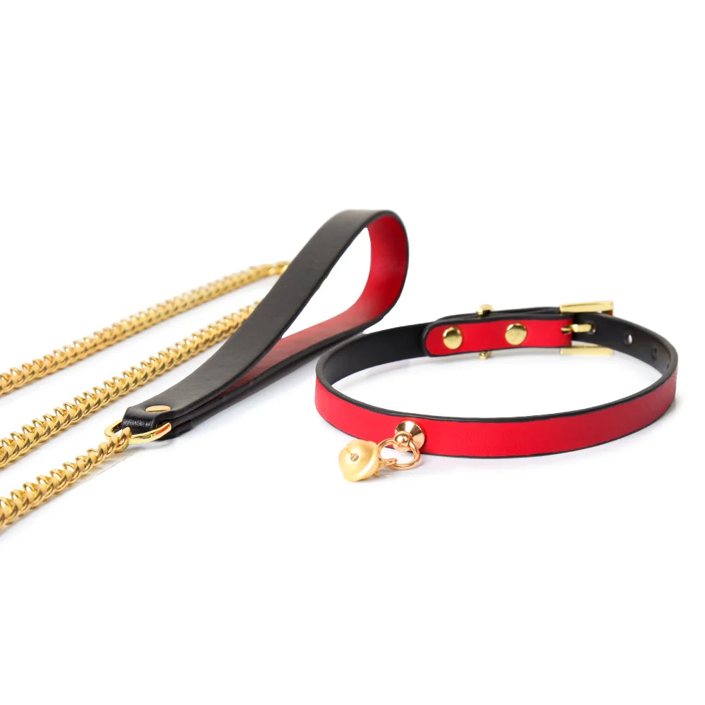 red front black back leather collar with bronze bell and chain
