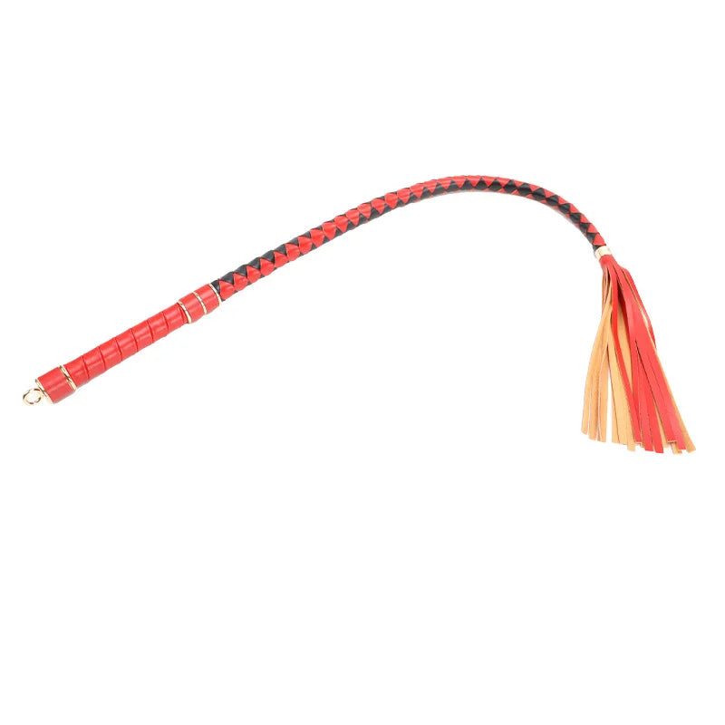 Red two-tone braided BDSM whip full front view