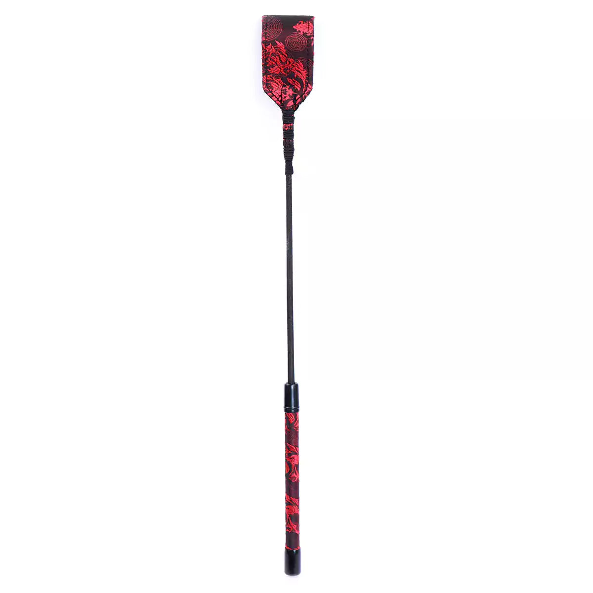 Front view of red Chinese-style embroidered riding crop