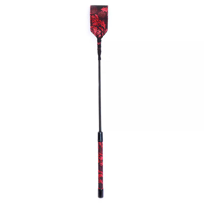 Front view of red Chinese-style embroidered riding crop