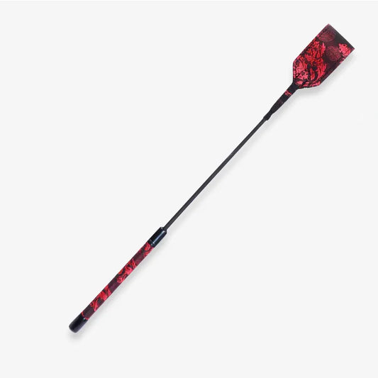 Red Chinese-style riding crop full view with embroidery pattern