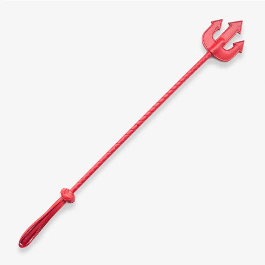 Red Demon Fork Riding Crop full view with braided shaft