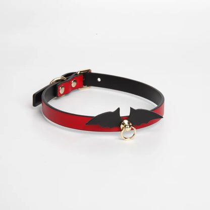 Red and black genuine leather Devil Wing roleplay collar full view