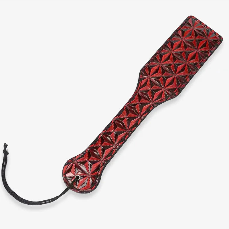 Red Diamond Pattern Leather Spanking Paddle full view with embossed texture