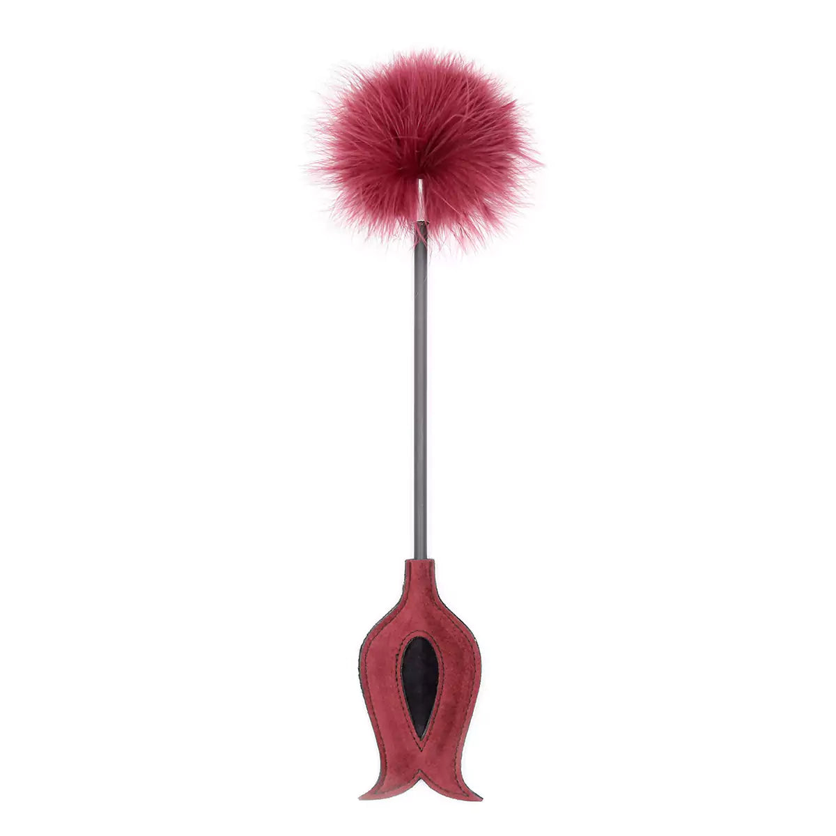 Front view of red feather BDSM riding crop showing compact 15-inch length