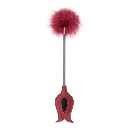 Front view of red feather BDSM riding crop showing compact 15-inch length