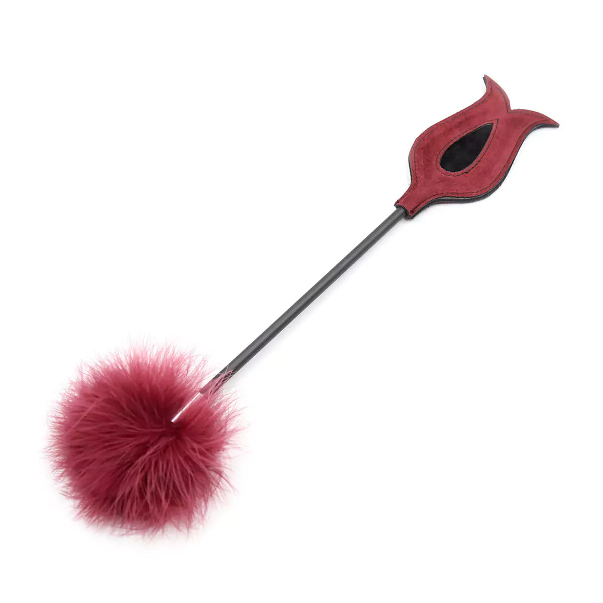 Red feather teasing BDSM crop full view with feather tip and suede slapper
