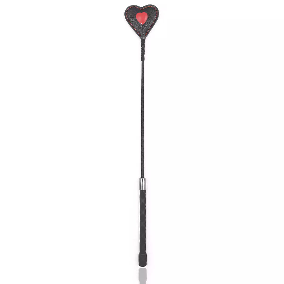 Front view of red heart riding crop showing 20.1-inch length