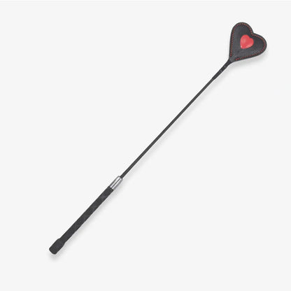 Red heart riding crop full view showing heart-shaped tip and metal-reinforced shaft