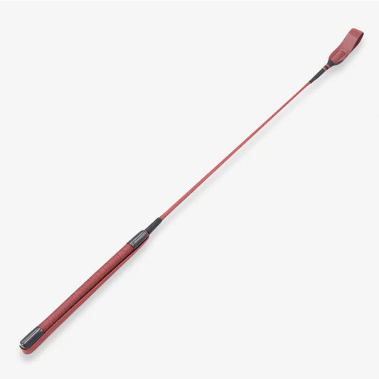 Red long riding crop full view showing 26-inch extended shaft