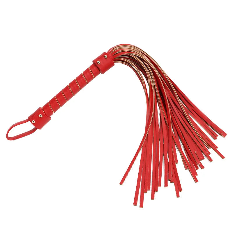 red multicolor leather BDSM flogger full view showing lightweight playful design