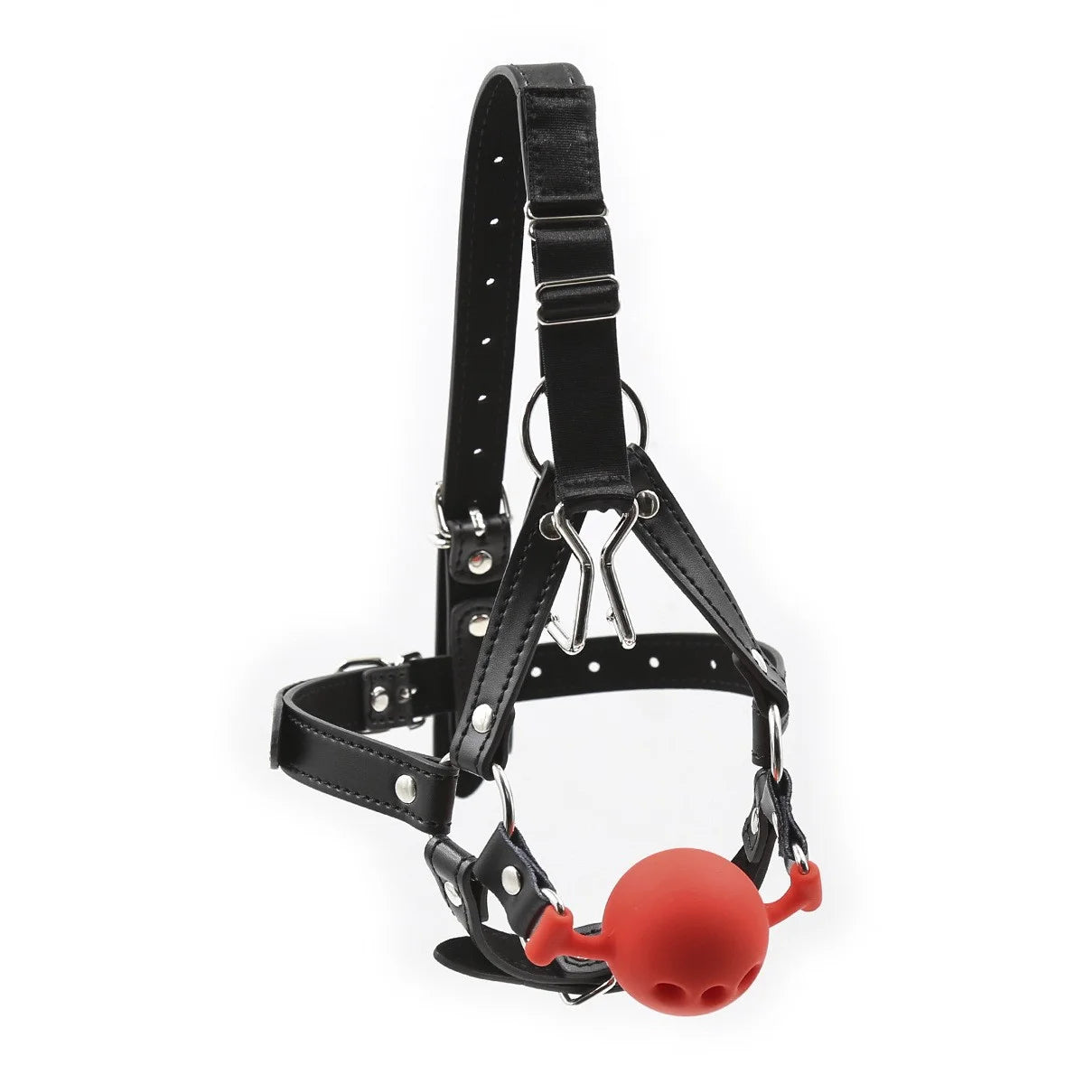 Angled view of red nose hook full harness gag