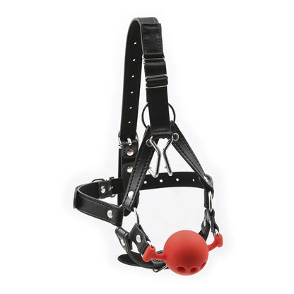 Angled view of red nose hook full harness gag