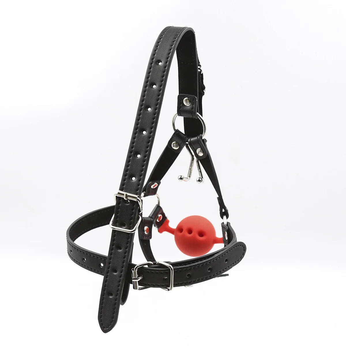 Front view of red silicone ball muzzle gag with harness