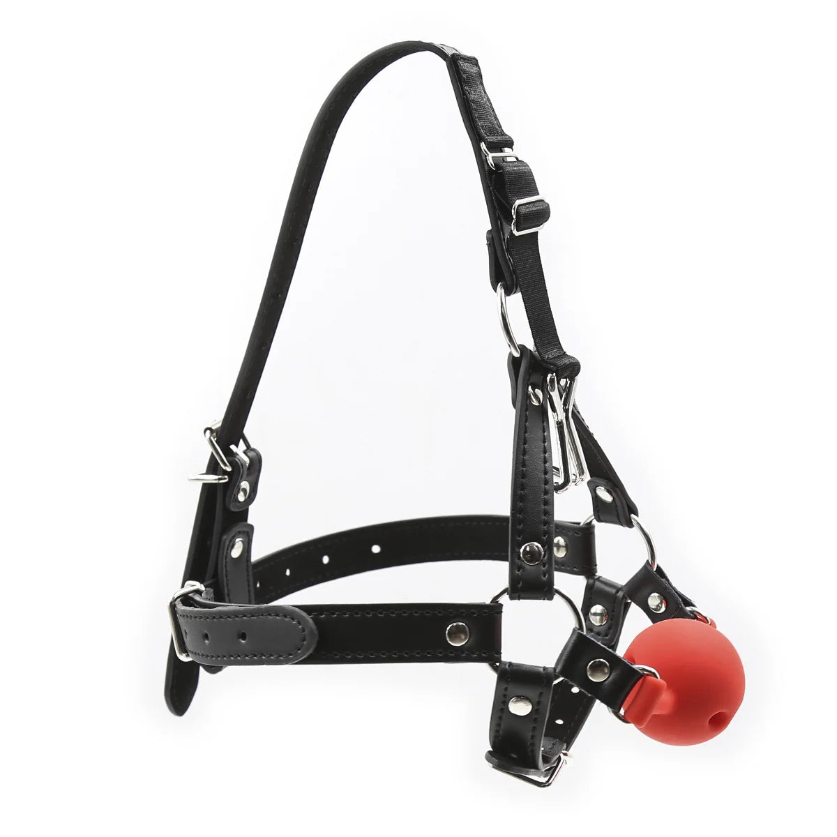 Red nose hook full muzzle gag with black harness full view