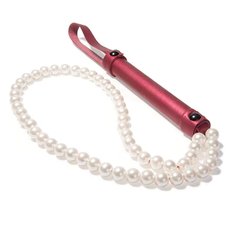 Red leather pearl BDSM whip full front view