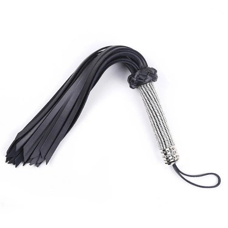 Rhinestone handle leather flogger on white background