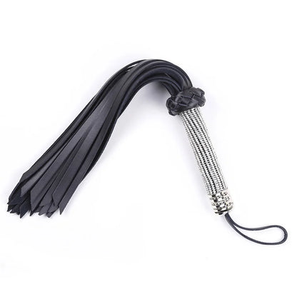 Rhinestone handle leather flogger on white background