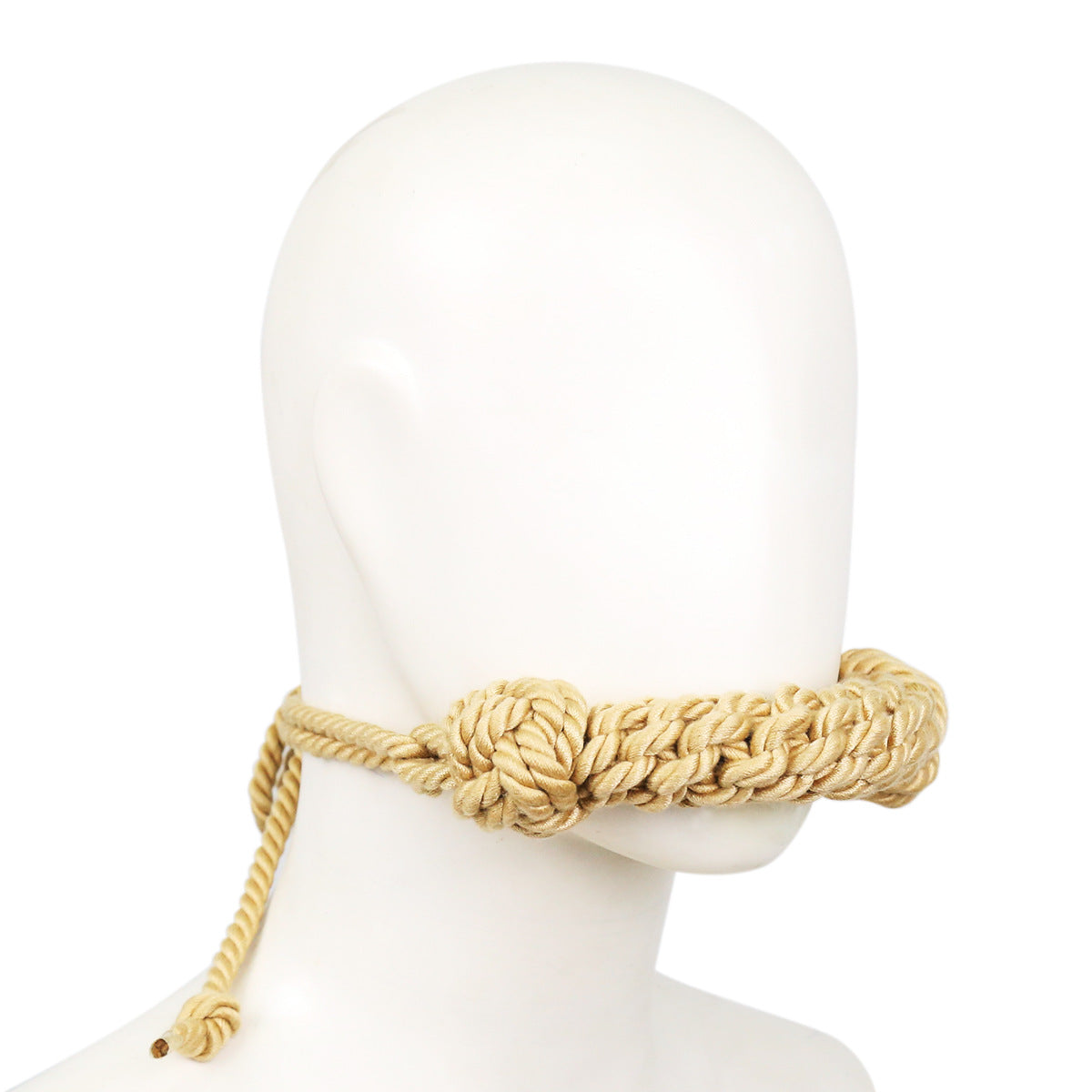 Front view of the rope woven BDSM ball gag when worn