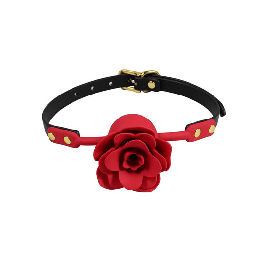 Red rose-shaped silicone ball gag with gold-tone hardware shown in a front view
