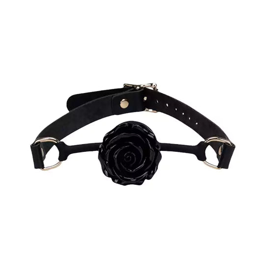 Black rose silicone ball gag with detachable sculpted silicone rose displayed on a clean white background