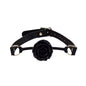Black rose silicone ball gag with detachable sculpted silicone rose displayed on a clean white background