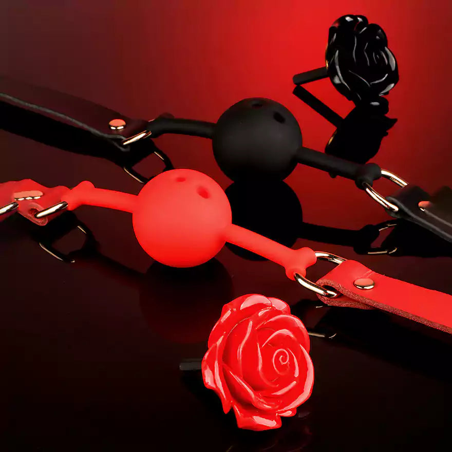 Detailed view of the detachable sculpted silicone rose on the ball gag