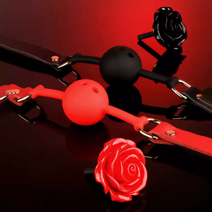 Detailed view of the detachable sculpted silicone rose on the ball gag