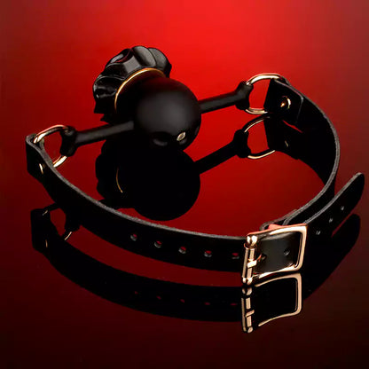 Detailed view of the detachable rose feature on the silicone ball gag