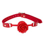 Red rose silicone ball gag with detachable sculpted silicone rose displayed on a clean white background