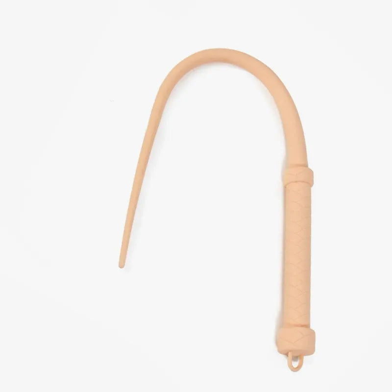 full view of black solid silicone BDSM whip with woven-texture grip