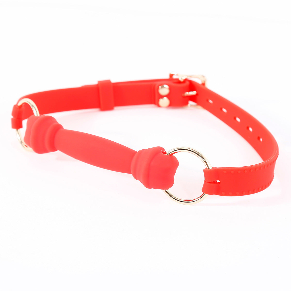 Red silicone bone bar gag with bone mouthpiece displayed on a clean white background