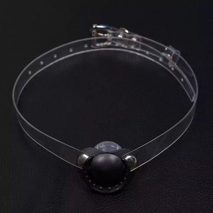 Black silicone pacifier restraint gag with transparent PVC strap