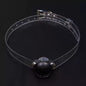 Black silicone pacifier restraint gag with transparent PVC strap