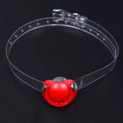 Red silicone pacifier restraint gag with transparent PVC strap