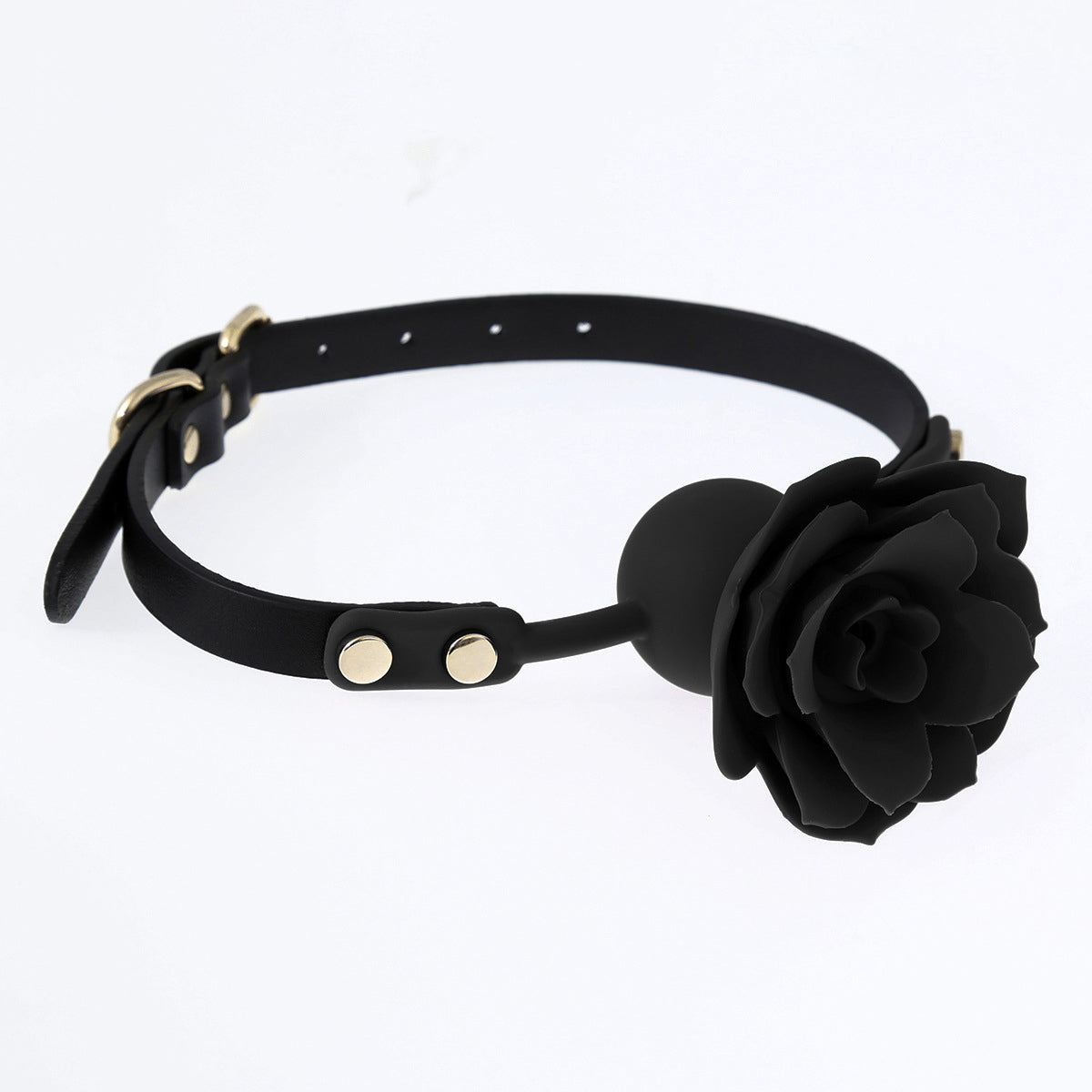 Side view of the black silicone rose ball gag with 3D sculpted rose
