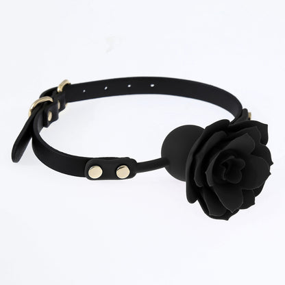 Side view of the black silicone rose ball gag with 3D sculpted rose
