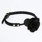 Side view of the black silicone rose ball gag with 3D sculpted rose