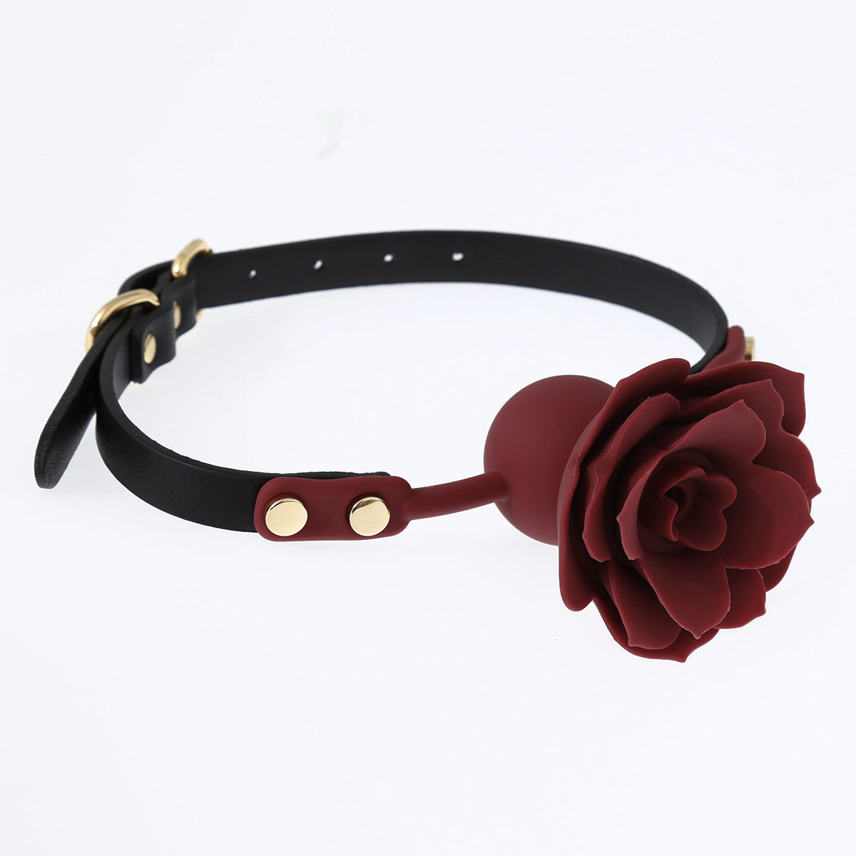 Dark red silicone rose ball gag with 3D sculpted rose shown in a front view