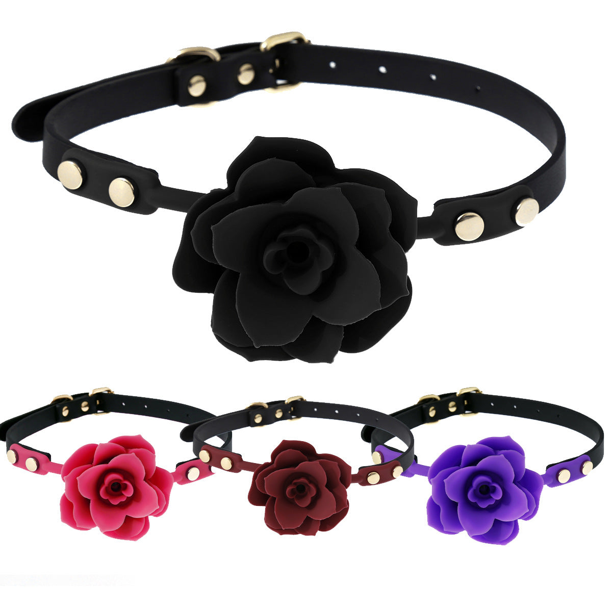 Black, red, dark red, and purple silicone rose ball gags shown together to display the four color options