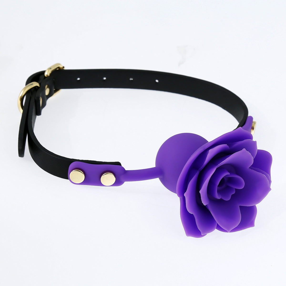 Purple silicone rose ball gag with 3D sculpted rose shown in a front view