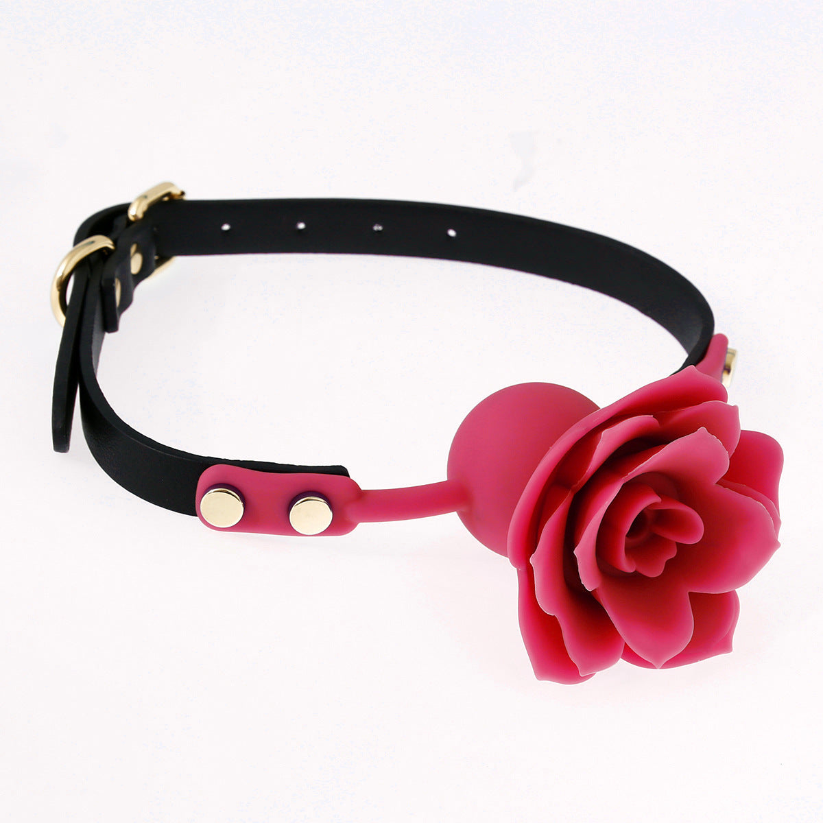 Red silicone rose ball gag with 3D sculpted rose shown in a front view
