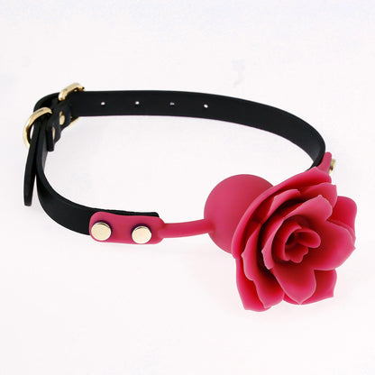 Red silicone rose ball gag with 3D sculpted rose shown in a front view