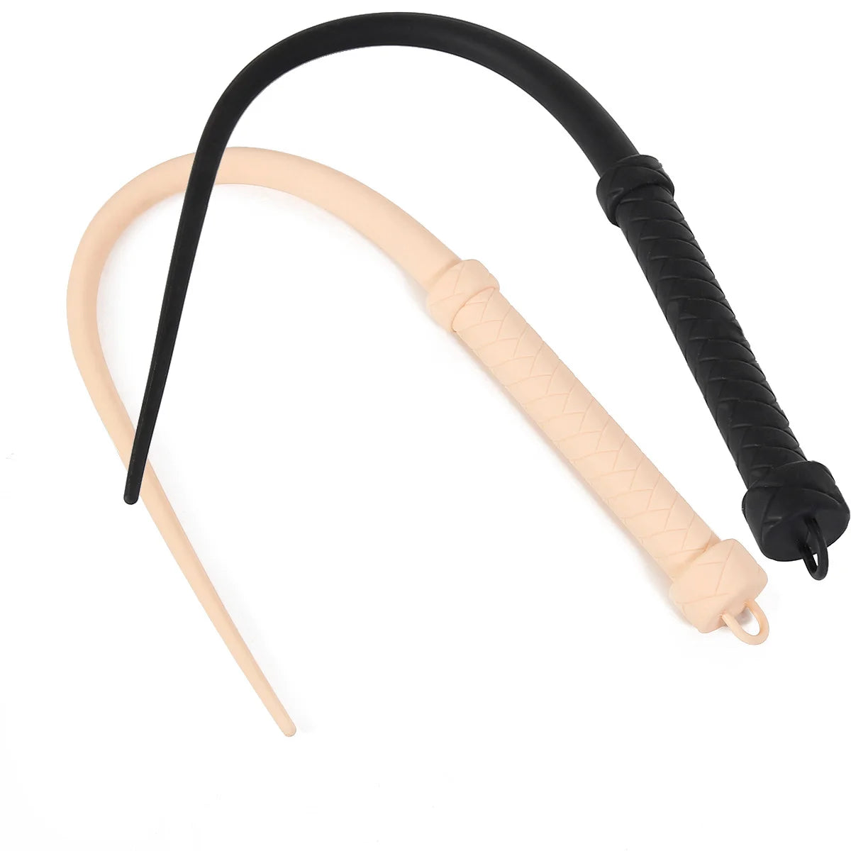 two silicone whips displayed together highlighting texture and flexibility