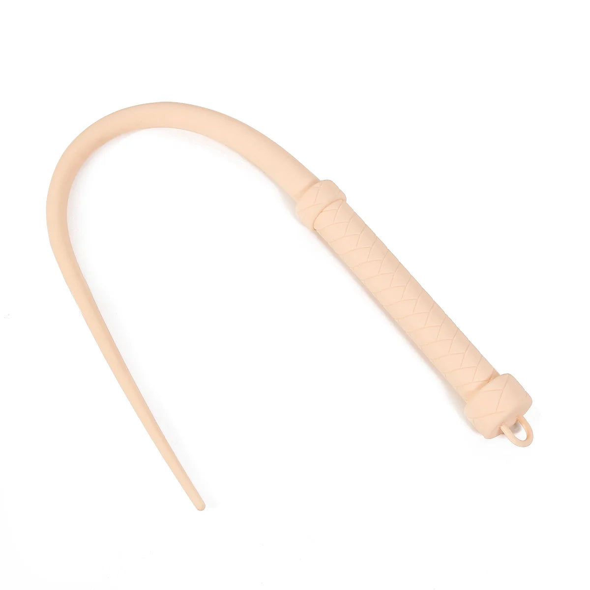 black silicone BDSM whip held by model showing full-length structure